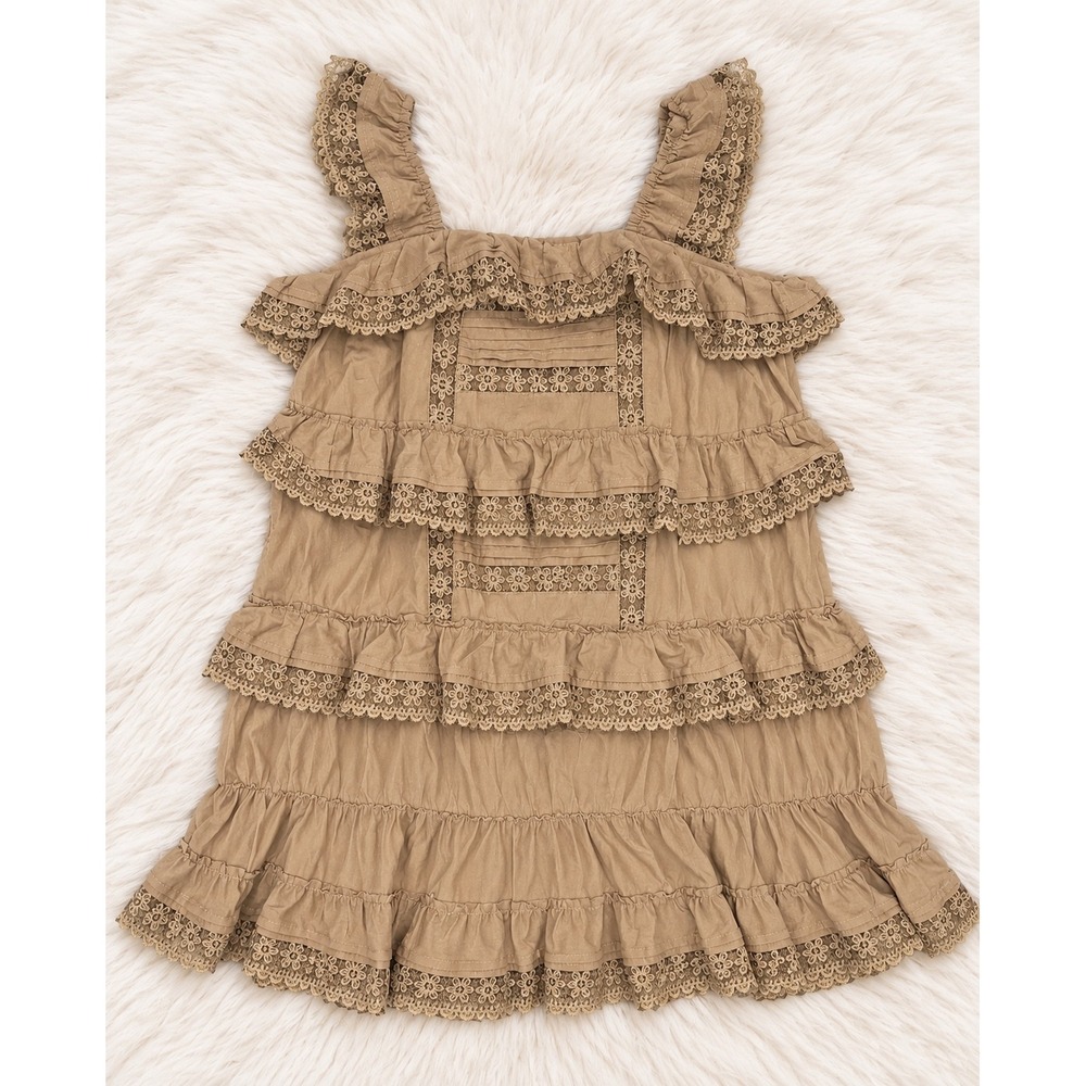 Gacaky Gooday Cottagecore Romper Dress NWT Tan Khaki Ruffle Eyelet Lace S